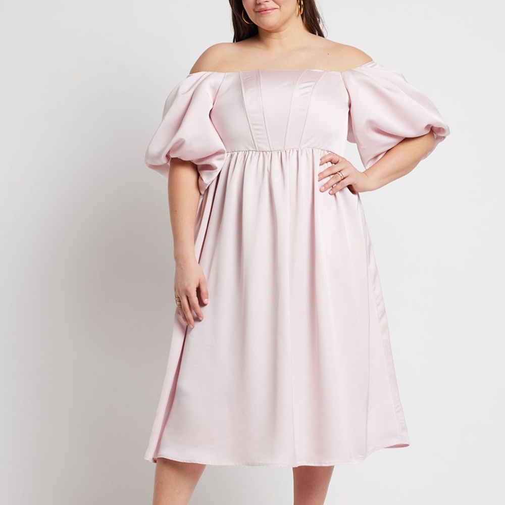 Eloquii Off The Shoulder Satin with Puff Sleeve in “chalk pink”
